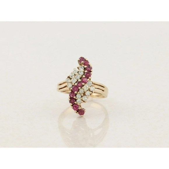 10k Yellow Gold Natural Ruby and Diamond Ring Size 6 3/4 Cluster Ring Waterfall - Picture 7 of 9